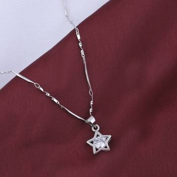 Silver Plated Chain With Solitaire Diamond In  New Look Star Shape Pendant   Women 1