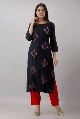 Women Latest Navy Blue Rayon printed kurta with front all over embroidered and hand work with plain Palazzo 1