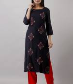 Women Latest Navy Blue Rayon printed kurta with front all over embroidered and hand work with plain Palazzo