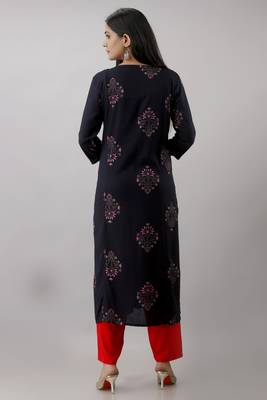 Women Latest Navy Blue Rayon printed kurta with front all over embroidered and hand work with plain Palazzo 2