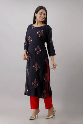 Women Latest Navy Blue Rayon printed kurta with front all over embroidered and hand work with plain Palazzo 3