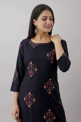 Women Latest Navy Blue Rayon printed kurta with front all over embroidered and hand work with plain Palazzo 4