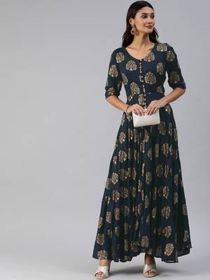 Navy-blue printed viscose rayon maxi-dresses 1