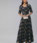 Navy-blue printed viscose rayon maxi-dresses