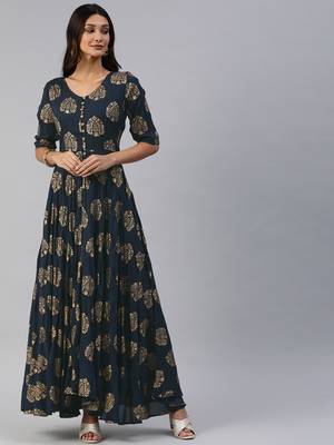 Navy-blue printed viscose rayon maxi-dresses 2