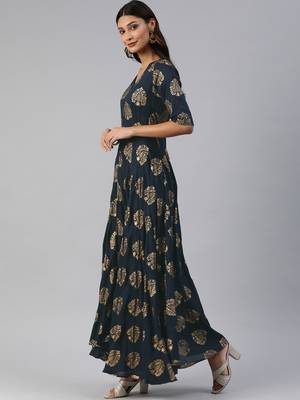 Navy-blue printed viscose rayon maxi-dresses 3