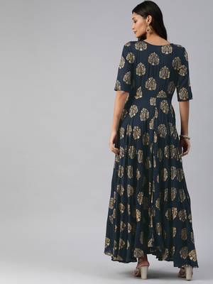 Navy-blue printed viscose rayon maxi-dresses 4