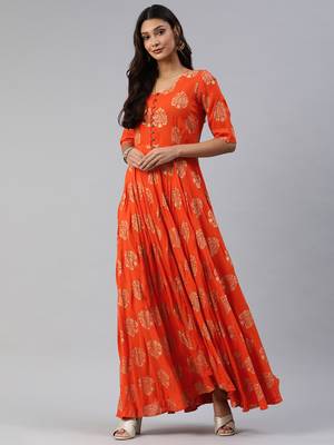 Orange printed viscose rayon maxi-dresses 1