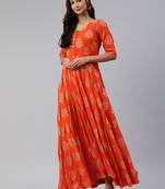 Orange printed viscose rayon maxi-dresses