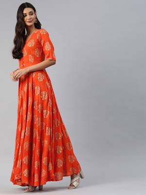 Orange printed viscose rayon maxi-dresses 2