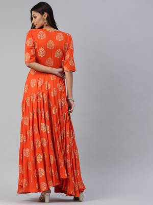 Orange printed viscose rayon maxi-dresses 3