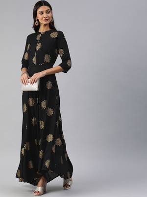 Black printed viscose rayon maxi-dresses 1