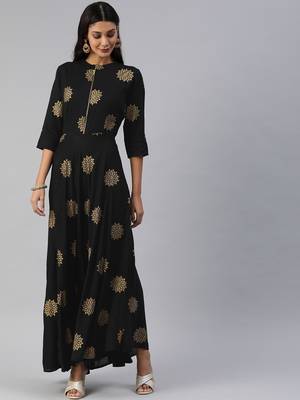 Black printed viscose rayon maxi-dresses 2