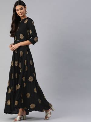 Black printed viscose rayon maxi-dresses 3