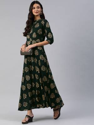 Teal printed viscose rayon maxi-dresses 1
