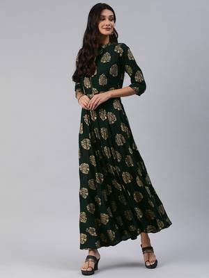 Teal printed viscose rayon maxi-dresses 2