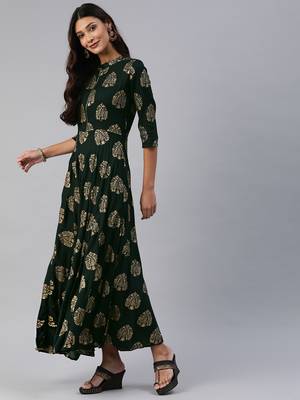 Teal printed viscose rayon maxi-dresses 3