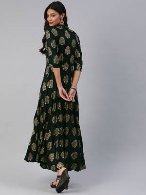 Teal printed viscose rayon maxi-dresses 4