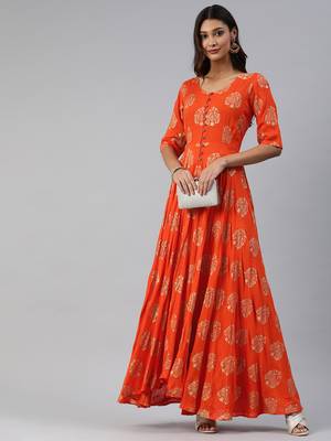 Orange printed viscose rayon maxi-dresses 5