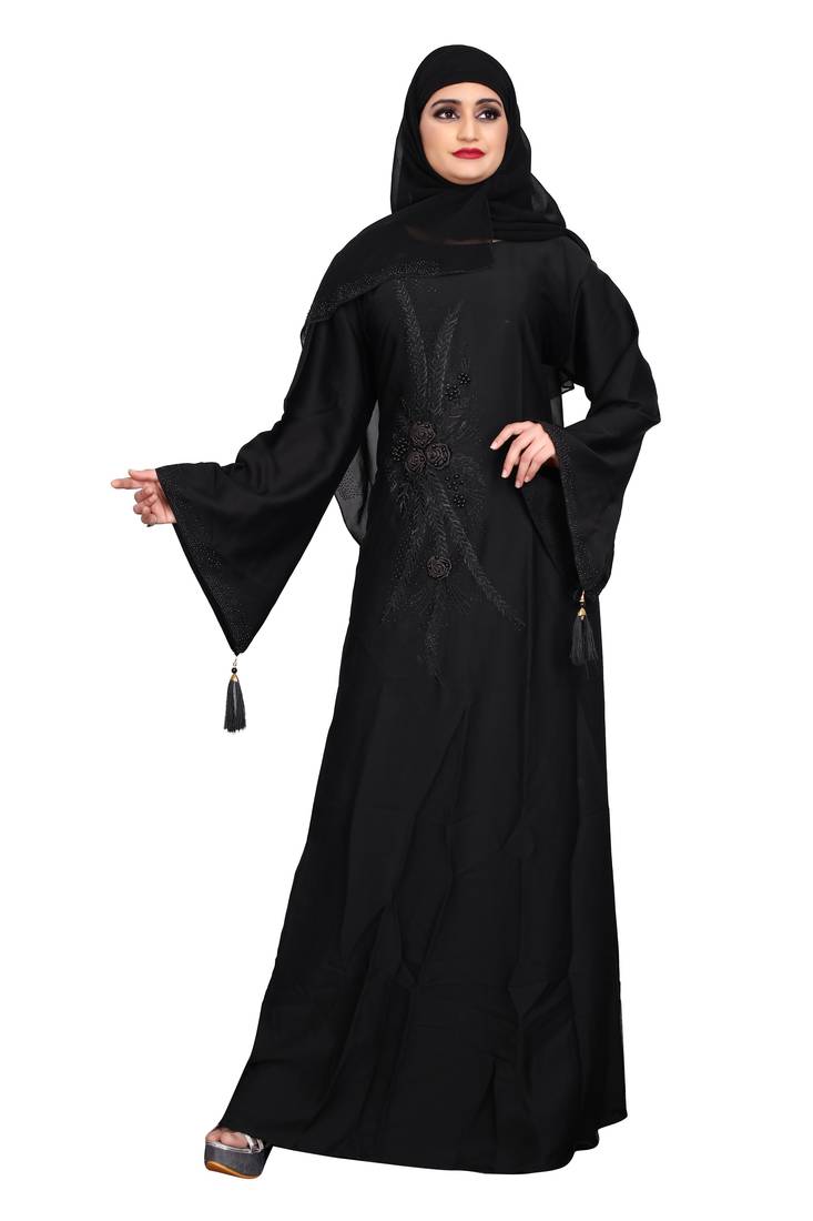 Women's Nida burqa features black rose embroidery work and black lace with shiffon scarf.