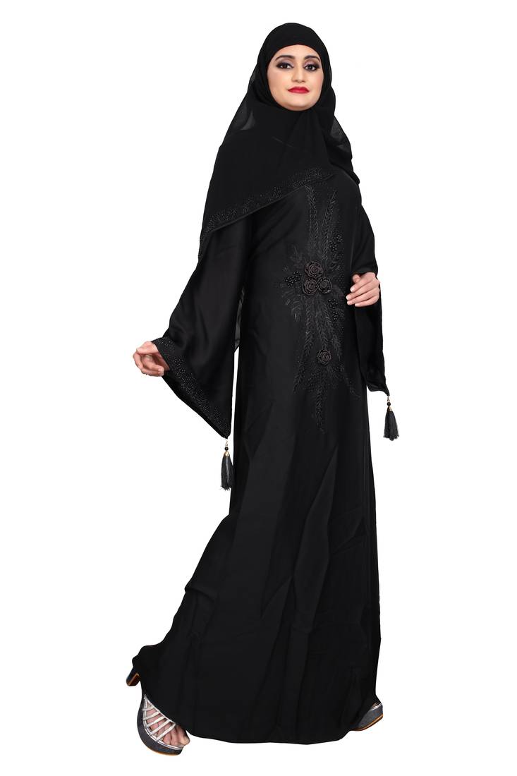 Women's Nida burqa features black rose embroidery work and black lace with shiffon scarf.