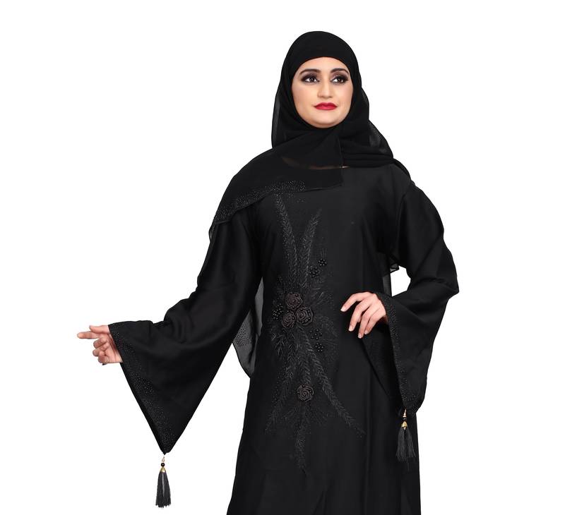 Women's Nida burqa features black rose embroidery work and black lace with shiffon scarf.