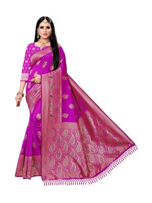 Purple printed silk saree with blouse 1