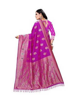 Purple printed silk saree with blouse 3