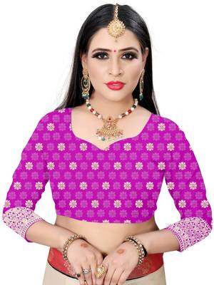 Purple printed silk saree with blouse 4