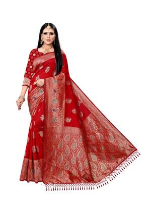 Red printed silk saree with blouse 1