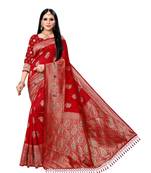 Red printed silk saree with blouse