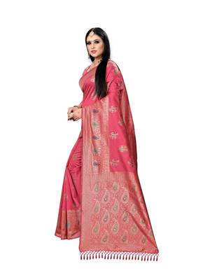 Pink printed silk saree with blouse 2
