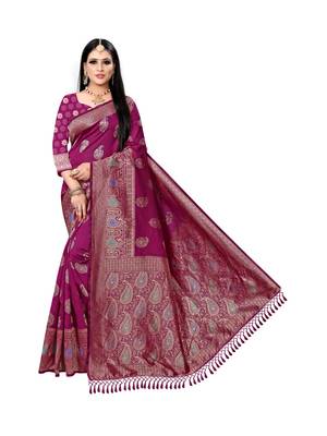 Magenta printed silk saree with blouse 1