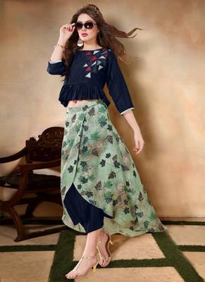 Navy-blue embroidered art silk long-kurtis 1
