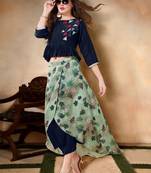 Navy-blue embroidered art silk long-kurtis