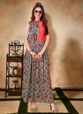 Pink embroidered art silk long-kurtis 1
