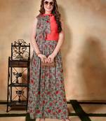 Pink embroidered art silk long-kurtis
