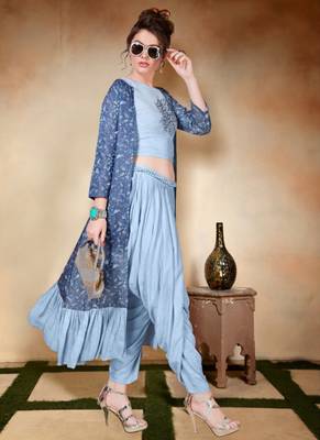 Blue embroidered art silk long-kurtis 1