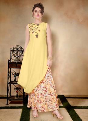 Yellow embroidered art silk long-kurtis 1