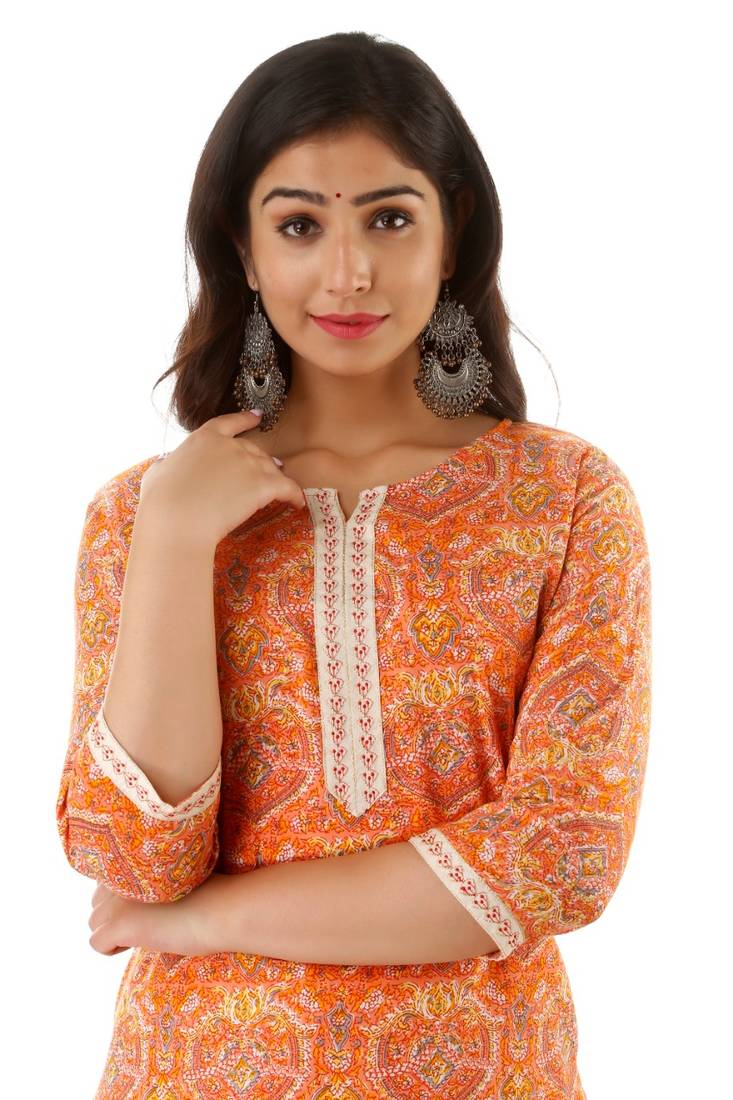 Cotton printed Straight  kurti & kurta with plain pant Set