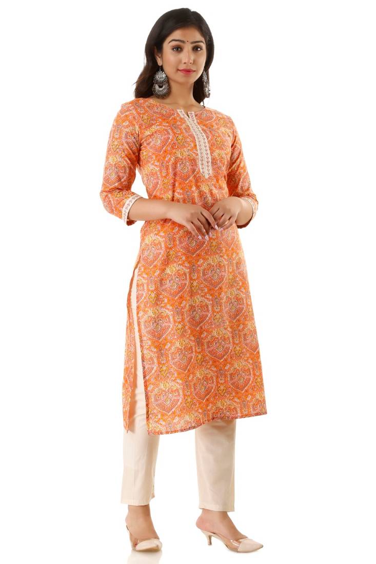 Cotton printed Straight  kurti & kurta with plain pant Set