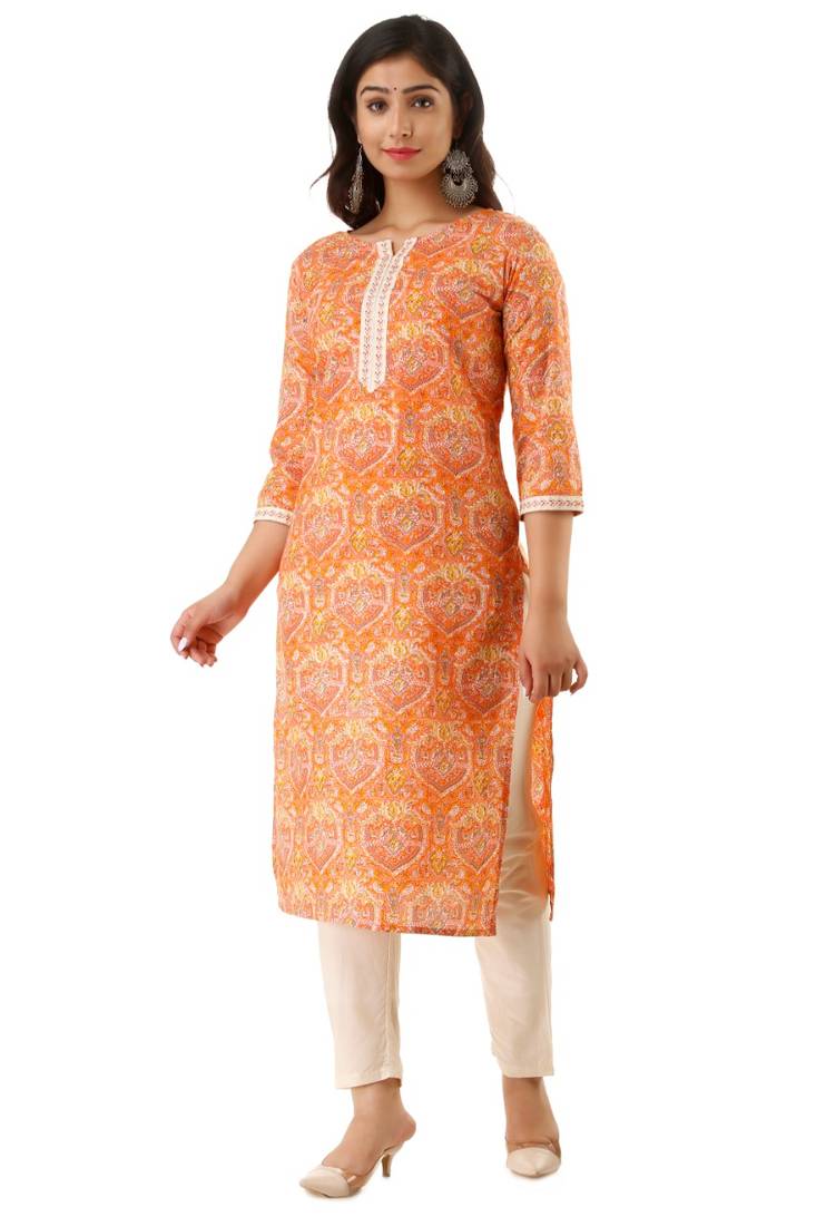 Cotton printed Straight  kurti & kurta with plain pant Set