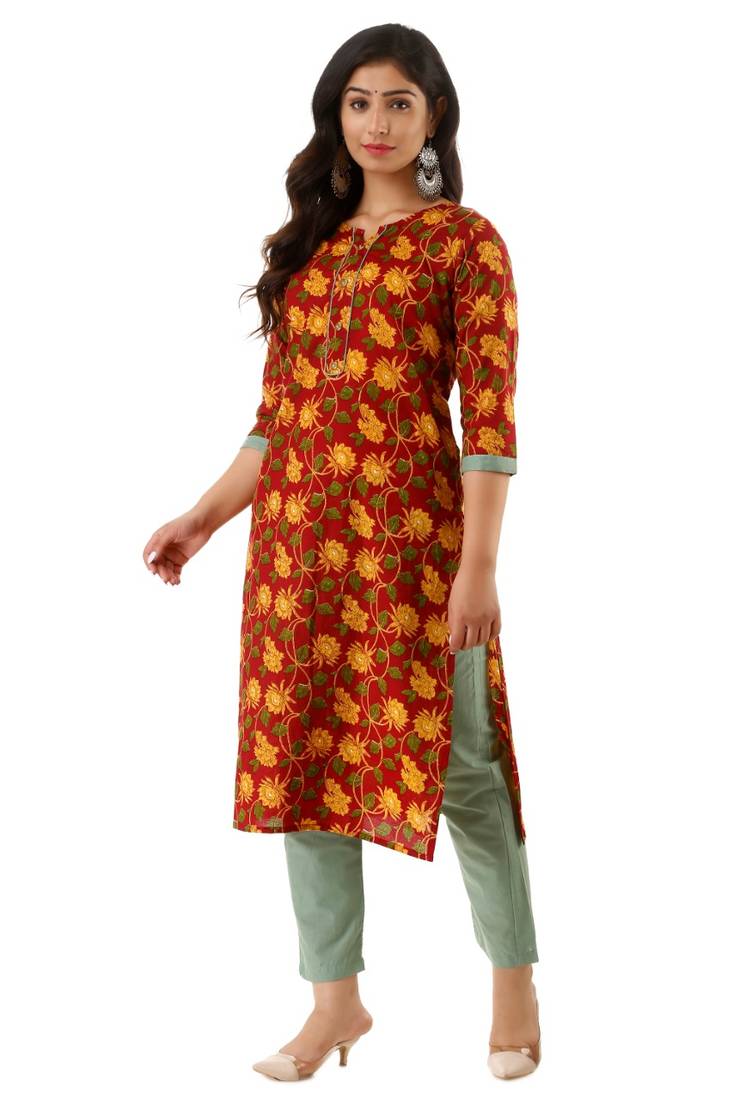 Latest Cotton printed Straight kurta with plain pant Set