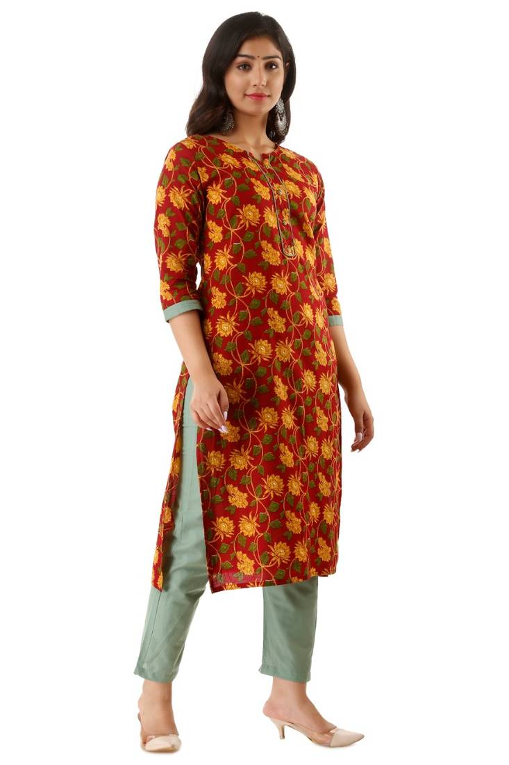 Latest Cotton printed Straight kurta with plain pant Set
