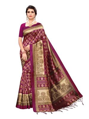 Purple printed poly silk saree with blouse 1