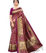 Purple printed poly silk saree with blouse