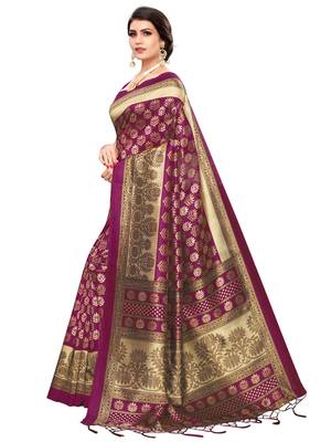 Purple printed poly silk saree with blouse 2