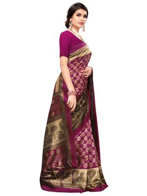 Purple printed poly silk saree with blouse 3
