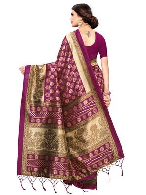 Purple printed poly silk saree with blouse 4