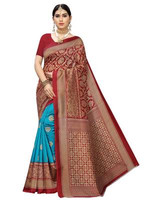 Maroon printed poly silk saree with blouse 1